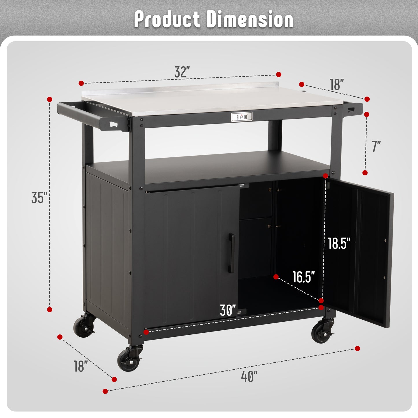 Outdoor Grill Cart with Stainless Steel Tabletop and Storage Cabinet, Movable Kitchen Island with Wheels for BBQ Food Prep