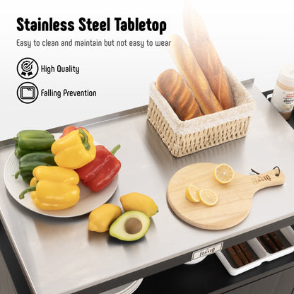 Outdoor Grill Cart with Stainless Steel Tabletop and Storage Cabinet, Movable Kitchen Island with Wheels for BBQ Food Prep