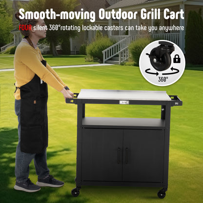 Outdoor Grill Cart with Stainless Steel Tabletop and Storage Cabinet, Movable Kitchen Island with Wheels for BBQ Food Prep