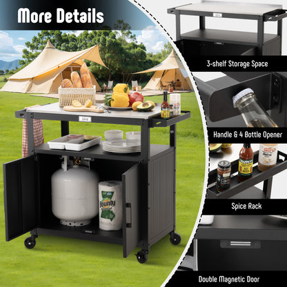 Outdoor Grill Cart with Stainless Steel Tabletop and Storage Cabinet, Movable Kitchen Island with Wheels for BBQ Food Prep