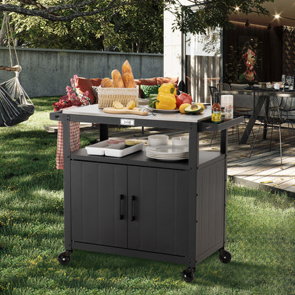 Outdoor Grill Cart with Stainless Steel Tabletop and Storage Cabinet, Movable Kitchen Island with Wheels for BBQ Food Prep