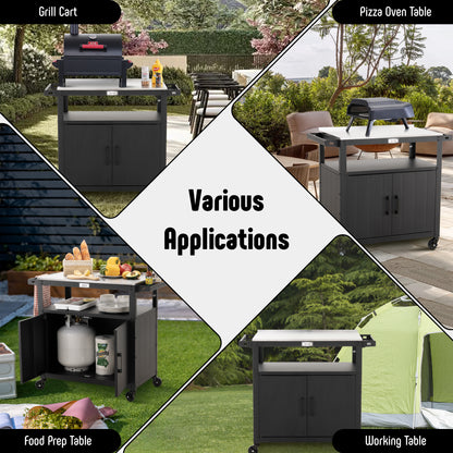 Outdoor Grill Cart with Stainless Steel Tabletop and Storage Cabinet, Movable Kitchen Island with Wheels for BBQ Food Prep