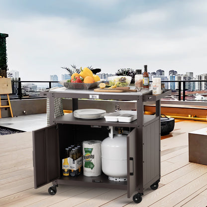 Outdoor Grill Cart with Stainless Steel Tabletop and Storage Cabinet, Movable Kitchen Island with Wheels for BBQ Food Prep