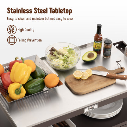 Outdoor Grill Cart with Stainless Steel Tabletop and Storage Cabinet, Movable Kitchen Island with Wheels for BBQ Food Prep