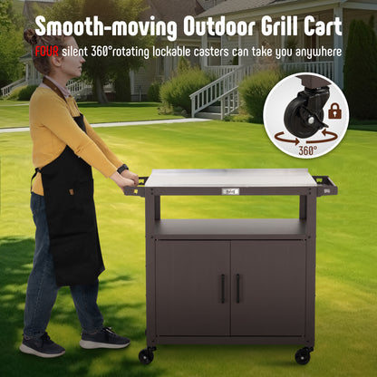 Outdoor Grill Cart with Stainless Steel Tabletop and Storage Cabinet, Movable Kitchen Island with Wheels for BBQ Food Prep