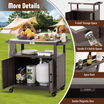 Outdoor Grill Cart with Stainless Steel Tabletop and Storage Cabinet, Movable Kitchen Island with Wheels for BBQ Food Prep