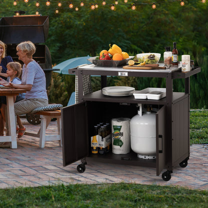 Outdoor Grill Cart with Stainless Steel Tabletop and Storage Cabinet, Movable Kitchen Island with Wheels for BBQ Food Prep