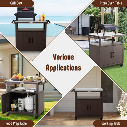 Outdoor Grill Cart with Stainless Steel Tabletop and Storage Cabinet, Movable Kitchen Island with Wheels for BBQ Food Prep