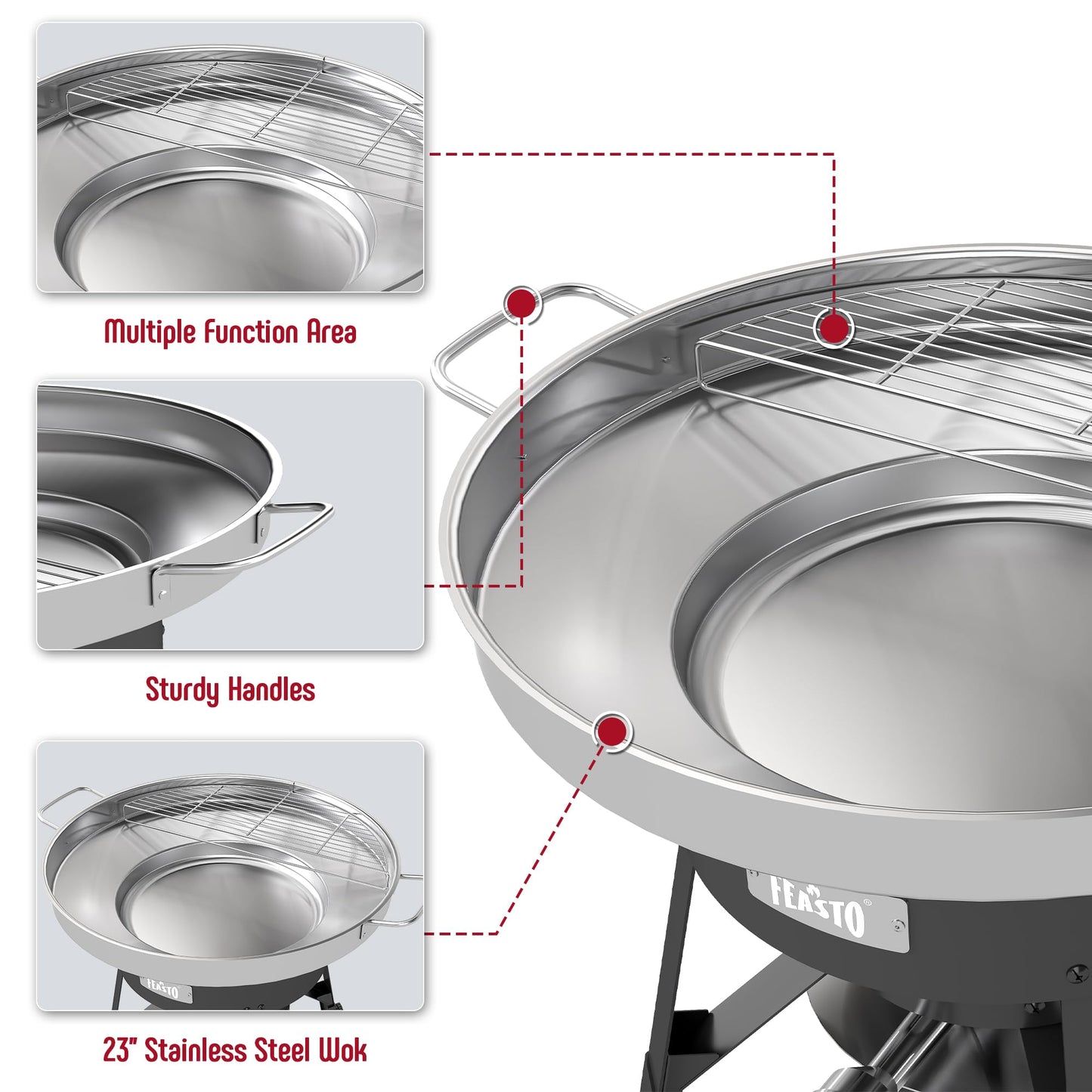 Stainless steel 23-inch wok with multiple function area, sturdy handles