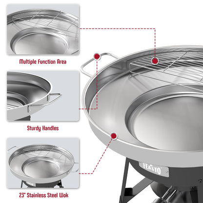 Stainless steel 23-inch wok with multiple function area, sturdy handles