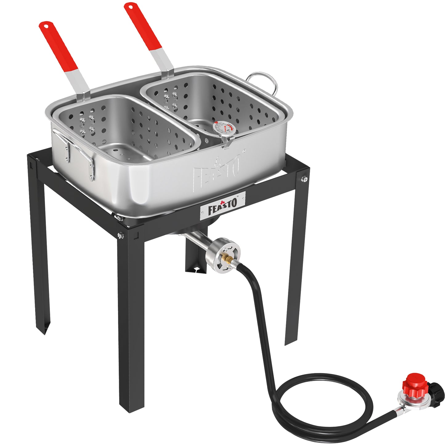 Stainless steel deep fryer with stand and hose on a white background