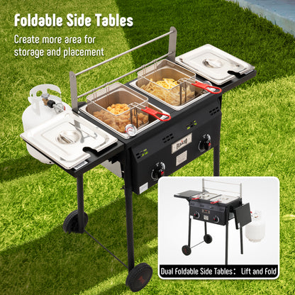 Feasto Outdoor Propane Deep Fryer,Dual Tank with Dual Independent Cast Iron Burners and Thermometers,Removable Fryer Pot,Baskets & Lids, Movable Propane Fryer Cart with Regulathor,50000 BTU