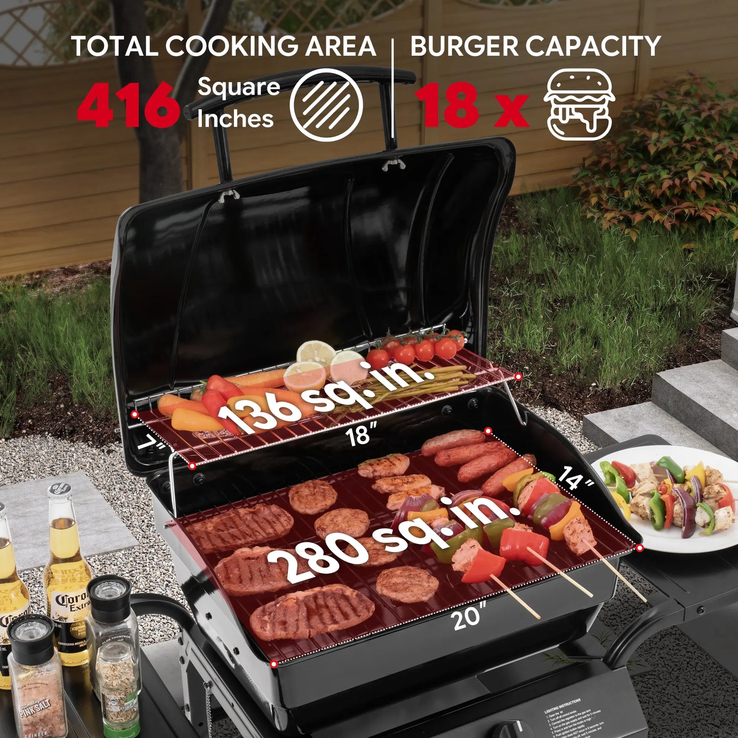 Portable grill with cooking area measurements（total 416sq .in.） and burger capacity （18 burger）