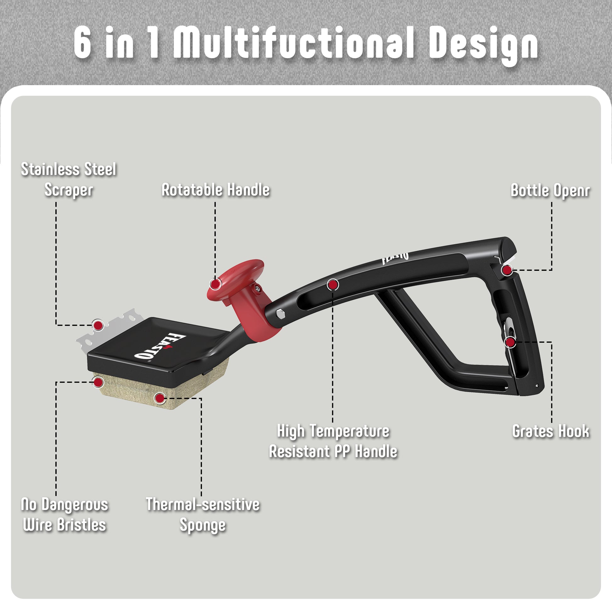 6 in 1 Multifunctional Grill Steam Cleaning Brush with Stainless Steel Scraper, Rotatable Handle, Bottle Opener, No Dangerous Wire Bristles, Thermal-sensitive Sponge, High Temperature Resistant PP Handle