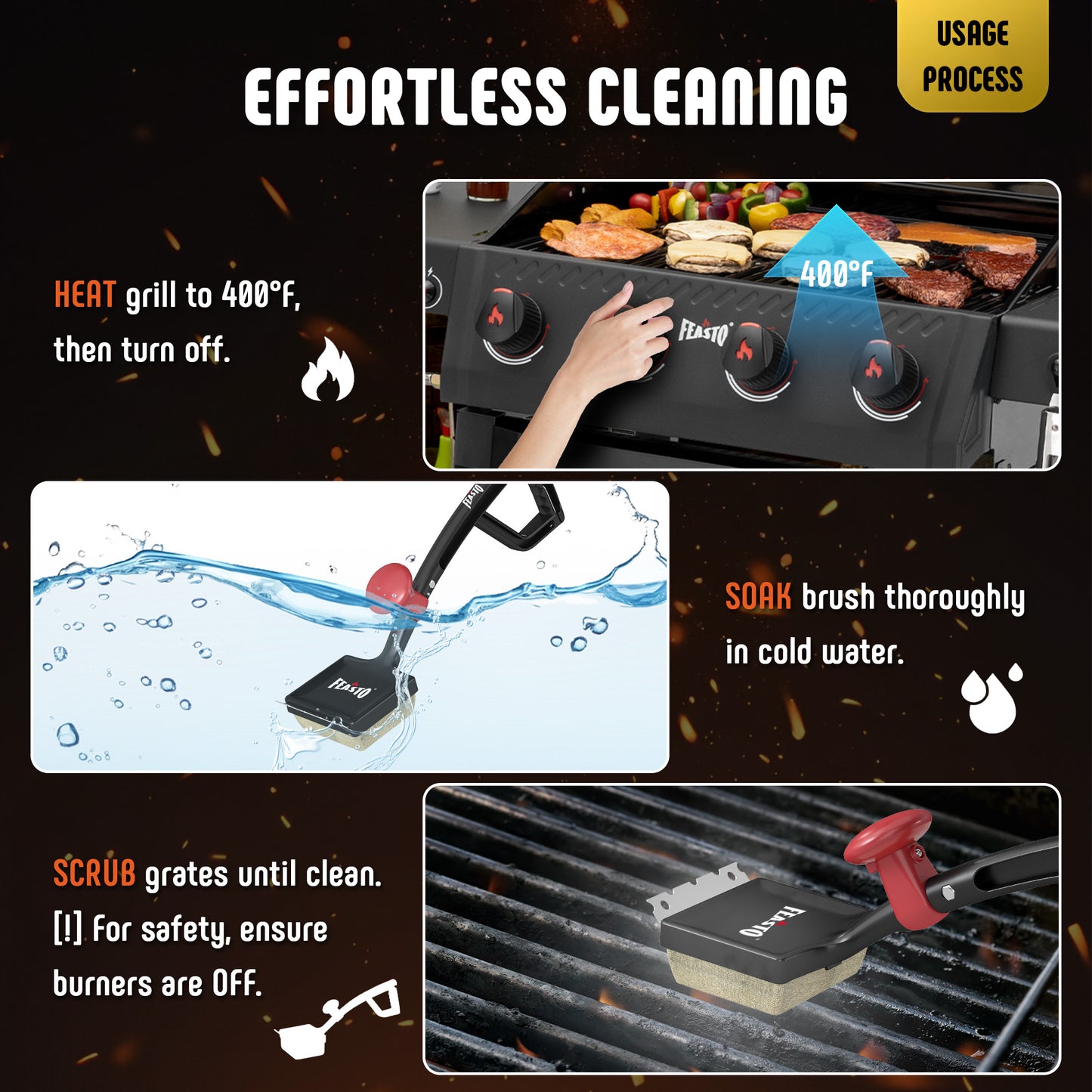 Effortless Cleaning Instructions: Heat grill to 400°F then turn off. Usage process involves pumping and soaking brush in cold water then scrubbing grates until clean. Important safety note: ensure burners are OFF.