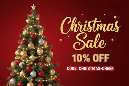 half christmas tree on left side，background is dark red writes Christmas sale  10% off    CODE: CHRISTMAS-CHEER