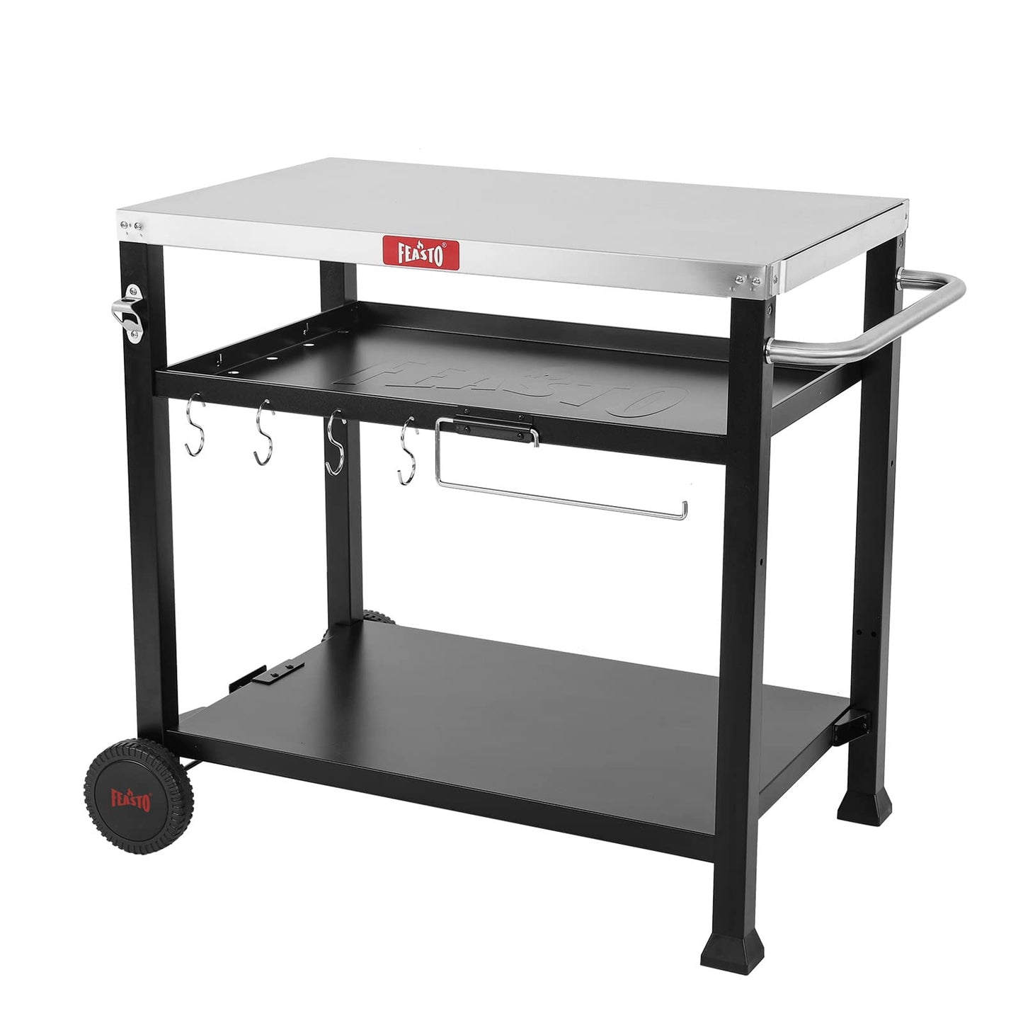 FEASTO Three-Shelf Movable Food Prep and Work Cart Table Home and Outdoor Multifunctional Stainless Steel Table Top Worktable on Two Wheels L39.5’’x W25.6’’x H33’’