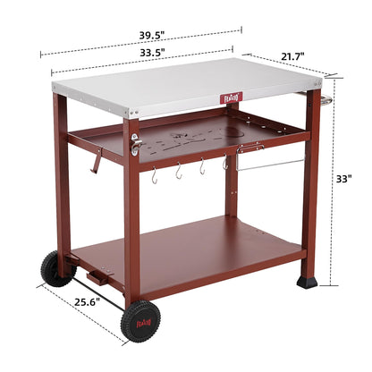 FEASTO Three-Shelf Movable Food Prep and Work Cart Table Home and Outdoor Multifunctional Stainless Steel Table Top Worktable on Two Wheels L39.5’’x W25.6’’x H33’’