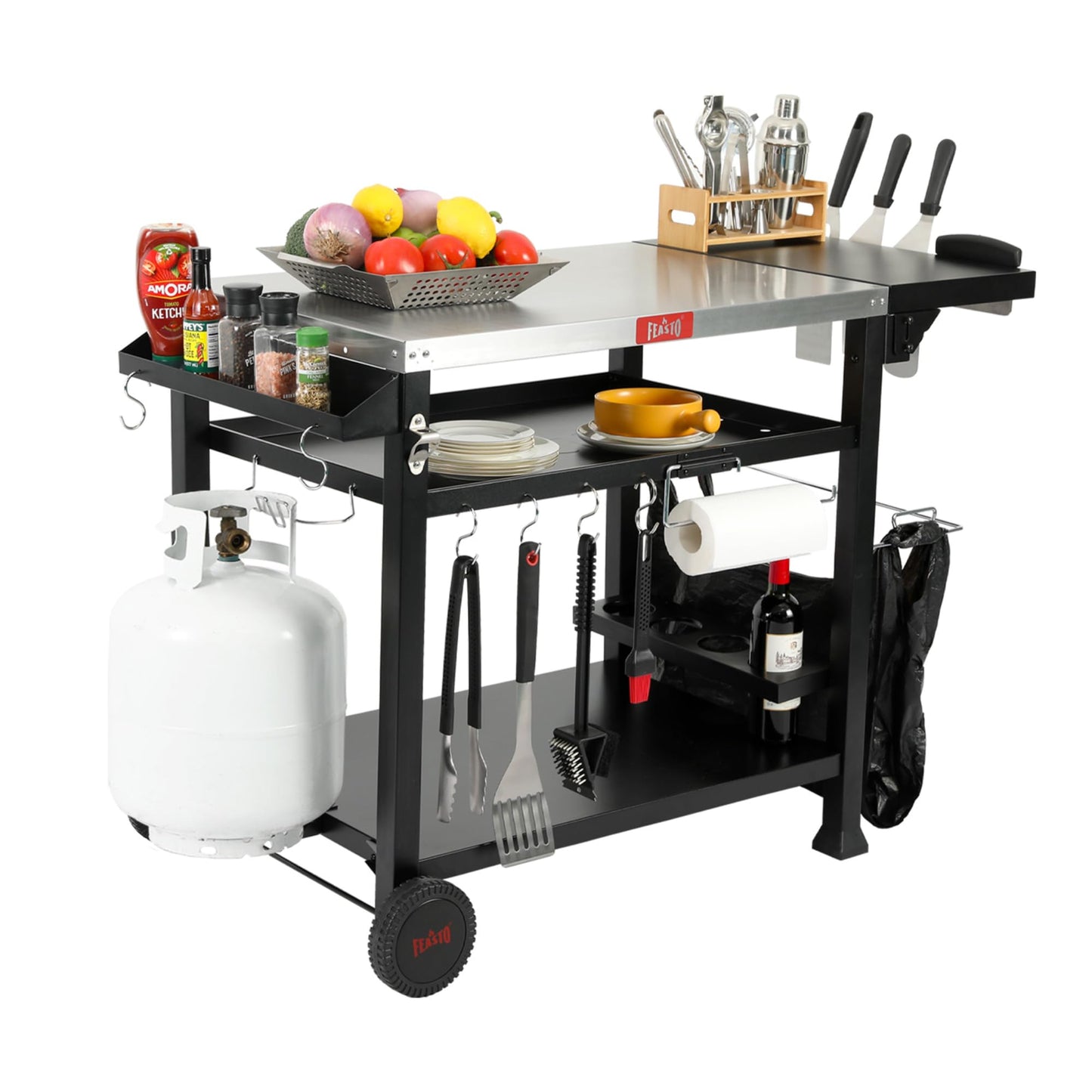 FEASTO Three-Shelf Movable Food Prep Cart Table  Home and Outdoor Multifunctional Stainless Steel Table Top Worktable on Two Wheels L50’’x W21.7’’x H33’’