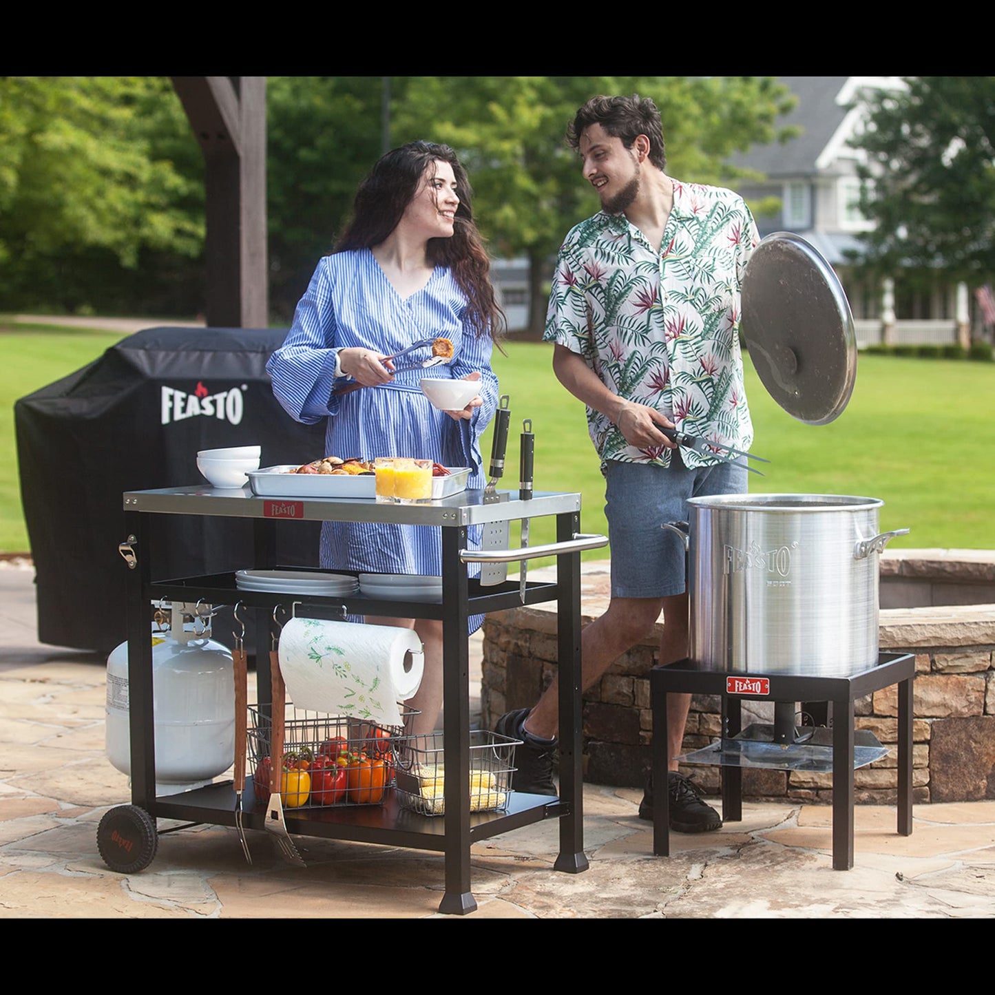 FEASTO Three-Shelf Movable Food Prep and Work Cart Table Home and Outdoor Multifunctional Stainless Steel Table Top Worktable on Two Wheels L39.5’’x W25.6’’x H33’’