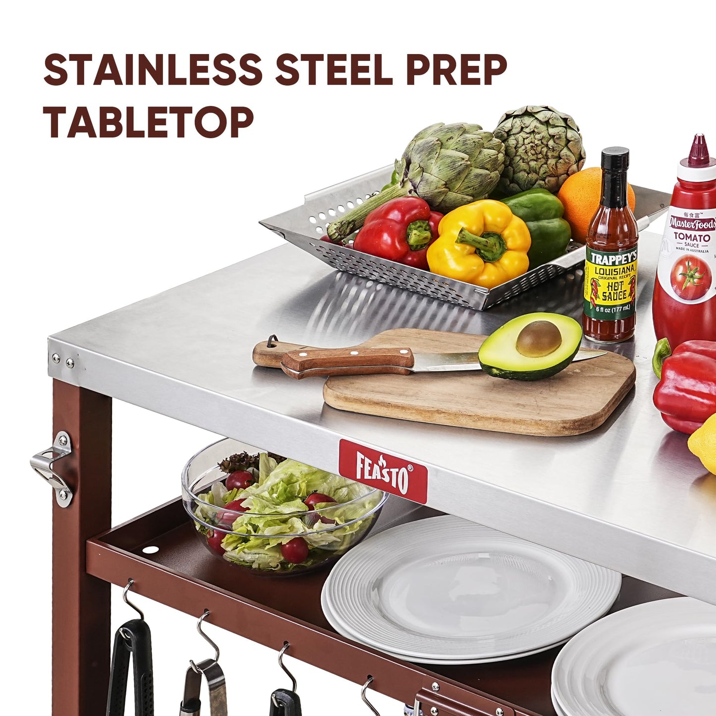 FEASTO Three-Shelf Movable Food Prep and Work Cart Table Home and Outdoor Multifunctional Stainless Steel Table Top Worktable on Two Wheels L39.5’’x W25.6’’x H33’’