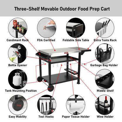 FEASTO Three-Shelf Movable Food Prep Cart Table  Home and Outdoor Multifunctional Stainless Steel Table Top Worktable on Two Wheels L50’’x W21.7’’x H33’’