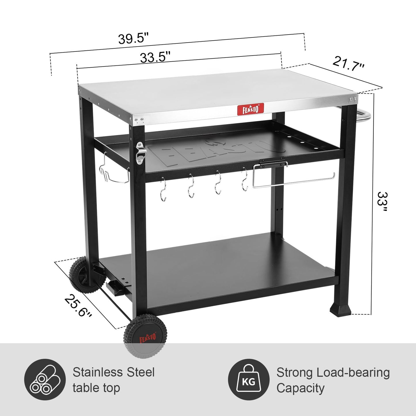 FEASTO Three-Shelf Movable Food Prep and Work Cart Table Home and Outdoor Multifunctional Stainless Steel Table Top Worktable on Two Wheels L39.5’’x W25.6’’x H33’’