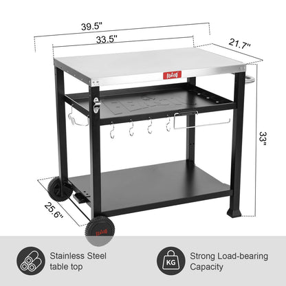 FEASTO Three-Shelf Movable Food Prep and Work Cart Table Home and Outdoor Multifunctional Stainless Steel Table Top Worktable on Two Wheels L39.5’’x W25.6’’x H33’’