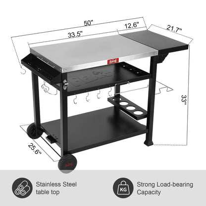 FEASTO Three-Shelf Movable Food Prep Cart Table  Home and Outdoor Multifunctional Stainless Steel Table Top Worktable on Two Wheels L50’’x W21.7’’x H33’’