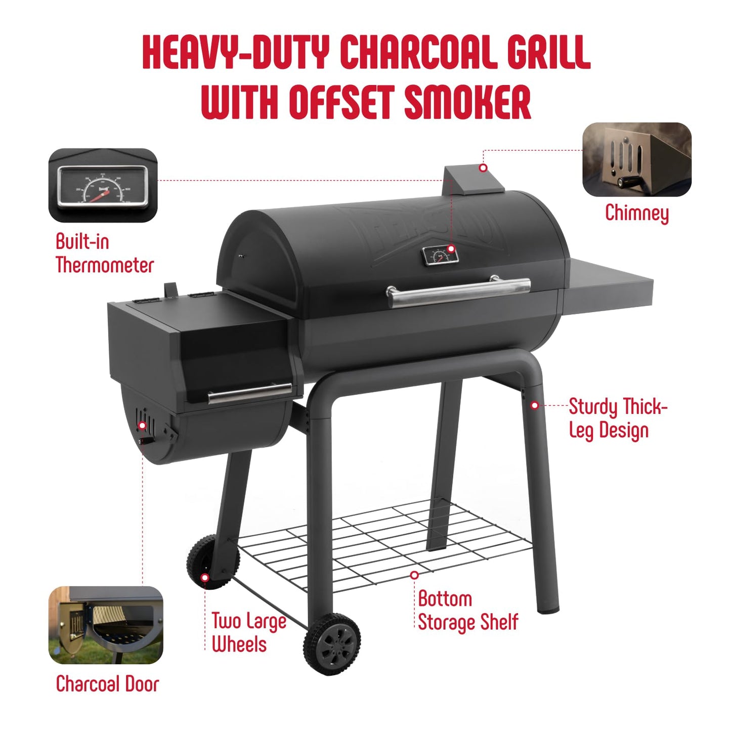Charcoal Grill with Offset Smoker Grill and Side Table, 30-In Heavy-Duty BBQ Grill, Black