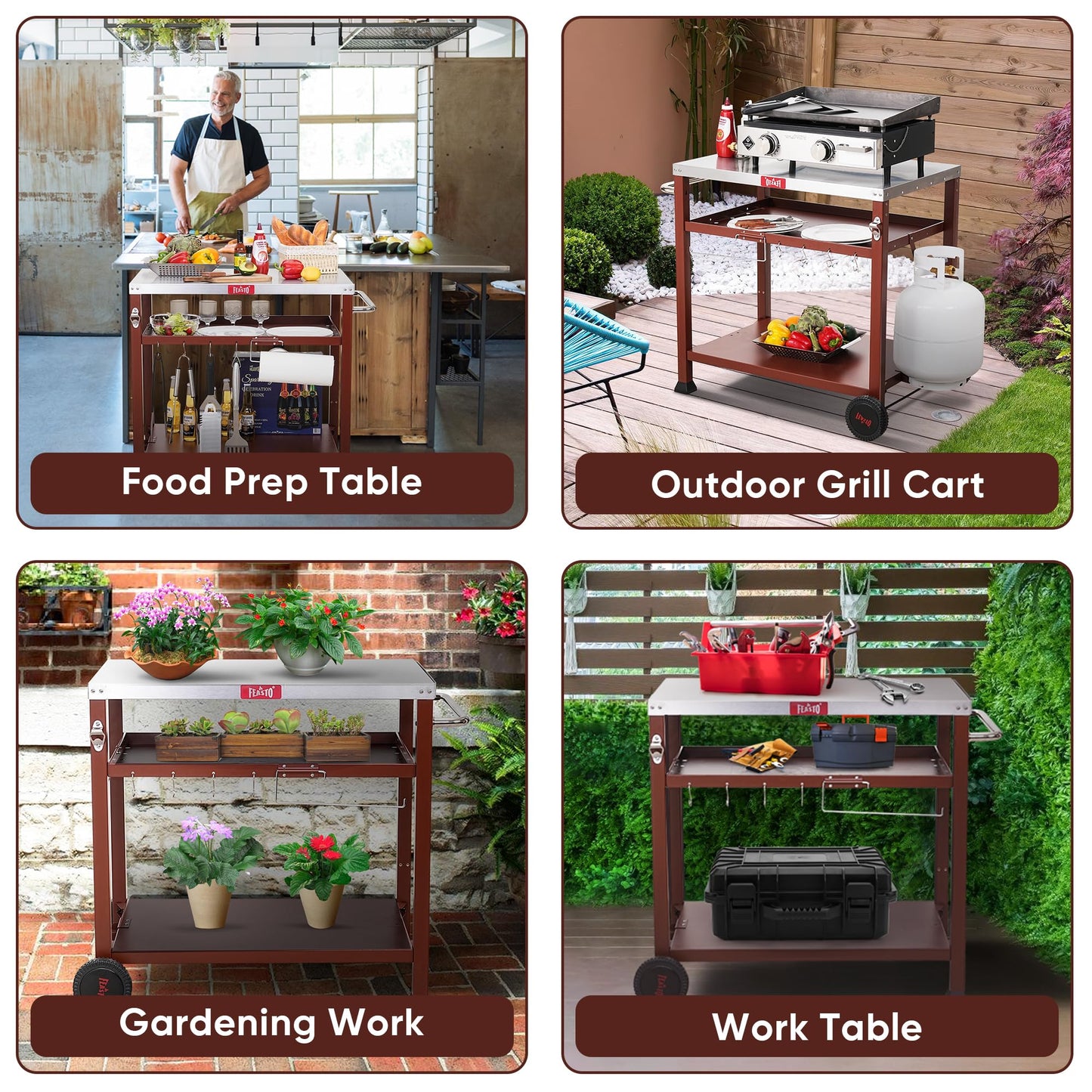 FEASTO Three-Shelf Movable Food Prep and Work Cart Table Home and Outdoor Multifunctional Stainless Steel Table Top Worktable on Two Wheels L39.5’’x W25.6’’x H33’’