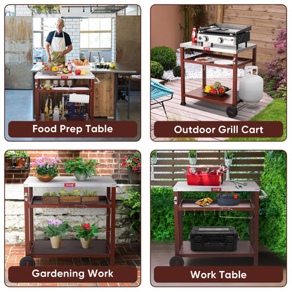 FEASTO Three-Shelf Movable Food Prep and Work Cart Table Home and Outdoor Multifunctional Stainless Steel Table Top Worktable on Two Wheels L39.5’’x W25.6’’x H33’’