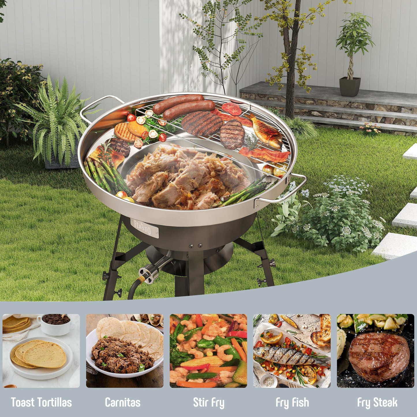 23" Stainless Steel Concave Comal Set, Discada Disc Cooker with 54,000BTU Paella Burner