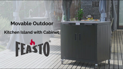 FEASTO Movable Outdoor Table Outdoor Storage Cabinet 304 Stainless Steel Top for Outdoor Kitchen Island or Bar Cart Grill Cart Pizza Oven Table Outdoor Table with Storage L35.4” x W24”