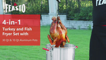 FEASTO 4 in 1 Turkey and Fish Fryer Set with 30 Qt & 10 Qt Aluminum Pots Electronic Ignition Outdoor Propane Gas Cooker with Adjustable 0-10 PSI Regulator Non-Assembly Frame Stand
