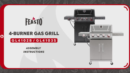 FEASTO Stainless Steel 4-Burner Propane Gas Grill with Sear Burner & Side Burner, Stainless Steel Construction with Porcelain-Enameled Main Body, 49,500 BTU Outdoor BBQ Grill, 563 Sq. In. Cabinet Storage, Backyard Patio Barbecue Grill, Silver