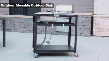 FEASTO Modular Outdoor Kitchen Sink Station Free Standing Table with Sink 304 Stainless-Steel Single Bowl Faucet & Drainboard Movable Commercial Kitchen