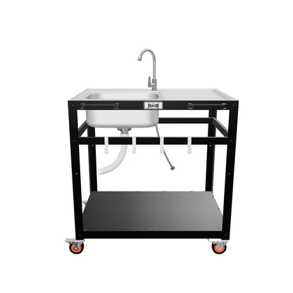 FEASTO Modular Outdoor Kitchen Sink Station Free Standing Table with Sink 304 Stainless-Steel Single Bowl Faucet & Drainboard Movable Commercial Kitchen