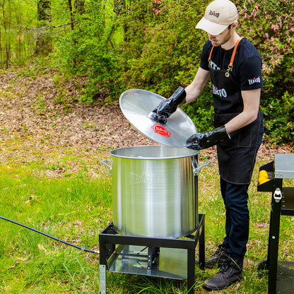 FEASTO 80QT Aluminum Boil Kit with Basket Perfect for Seafood Boiling and Steaming Outdoor Propane Gas Cooker with Adjustable 0-10 PSI Regulator Non-Assembly Frame Stand