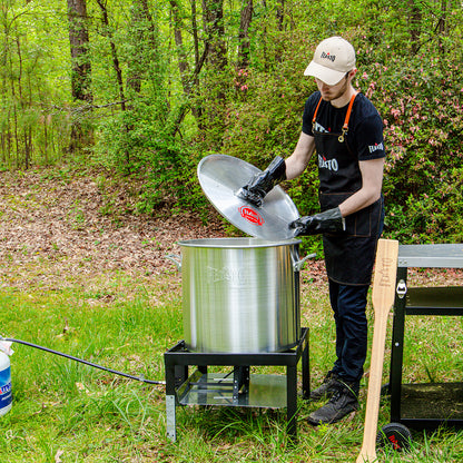 FEASTO 80QT Aluminum Boil Kit with Basket Perfect for Seafood Boiling and Steaming Outdoor Propane Gas Cooker with Adjustable 0-10 PSI Regulator Non-Assembly Frame Stand