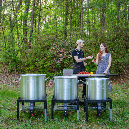 FEASTO 100QT Aluminum Boil Kit with Basket Perfect for Seafood Boiling and Steaming Outdoor Propane Gas Cooker with Adjustable 0-10 PSI Regulator Non-Assembly Frame Stand
