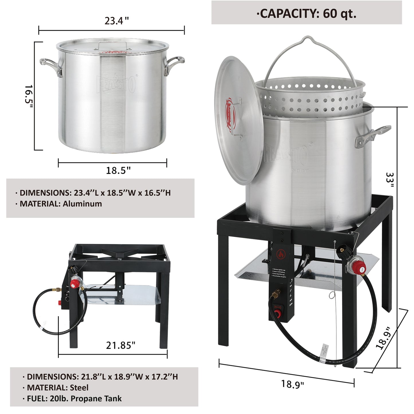 FEASTO 60QT Aluminum Boil Kit with Basket Perfect for Seafood Boiling and Steaming  Outdoor Propane Gas Cooker with Adjustable 0-10 PSI Regulator Non-Assembly Frame Stand