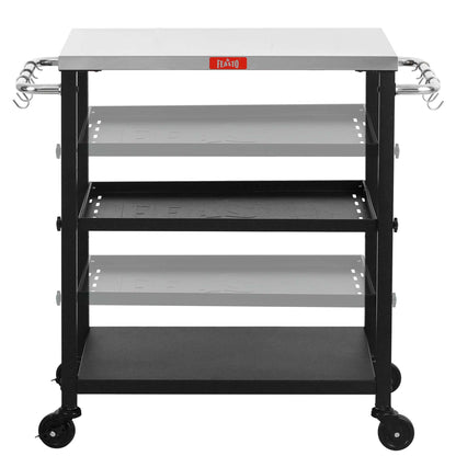 FEASTO Rolling 3-tier Adjustable Outdoor Pizza Oven Table and Food Prep Cart Table Home and Outdoor Multifunctional Stainless Steel Table Top Worktable on Four Wheels L34’’x W16.1’’x H33’’
