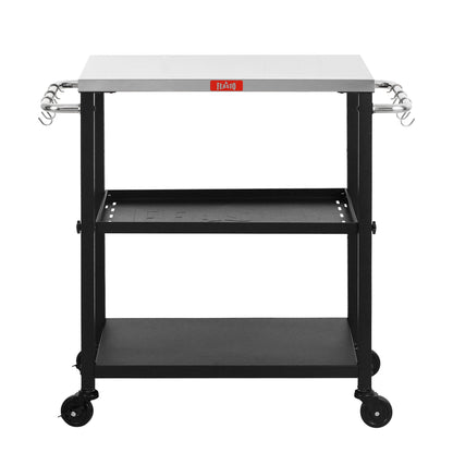 FEASTO Rolling 3-tier Adjustable Outdoor Pizza Oven Table and Food Prep Cart Table Home and Outdoor Multifunctional Stainless Steel Table Top Worktable on Four Wheels L34’’x W16.1’’x H33’’
