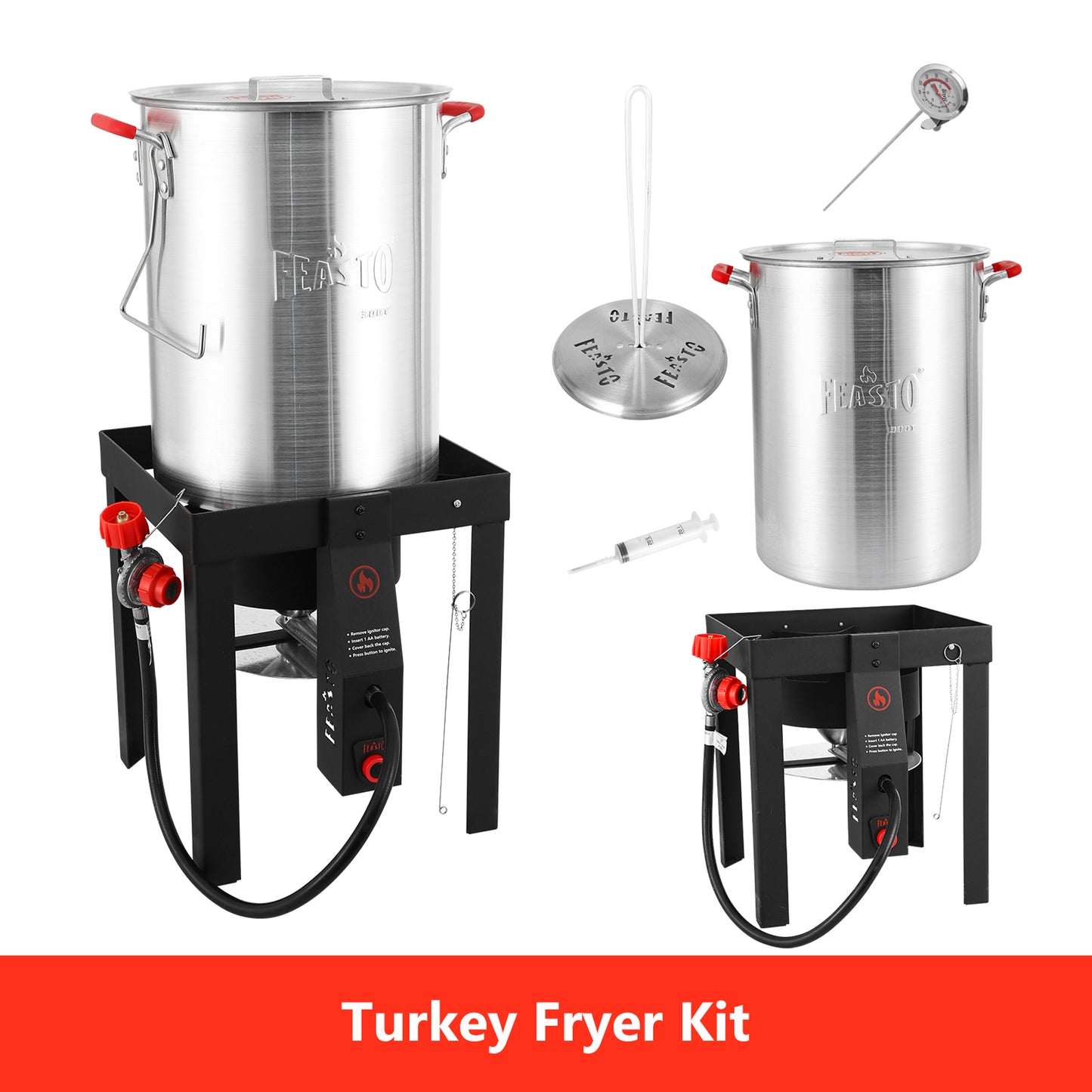 FEASTO 4 in 1 Turkey and Fish Fryer Set with 30 Qt & 10 Qt Aluminum Pots Electronic Ignition Outdoor Propane Gas Cooker with Adjustable 0-10 PSI Regulator Non-Assembly Frame Stand