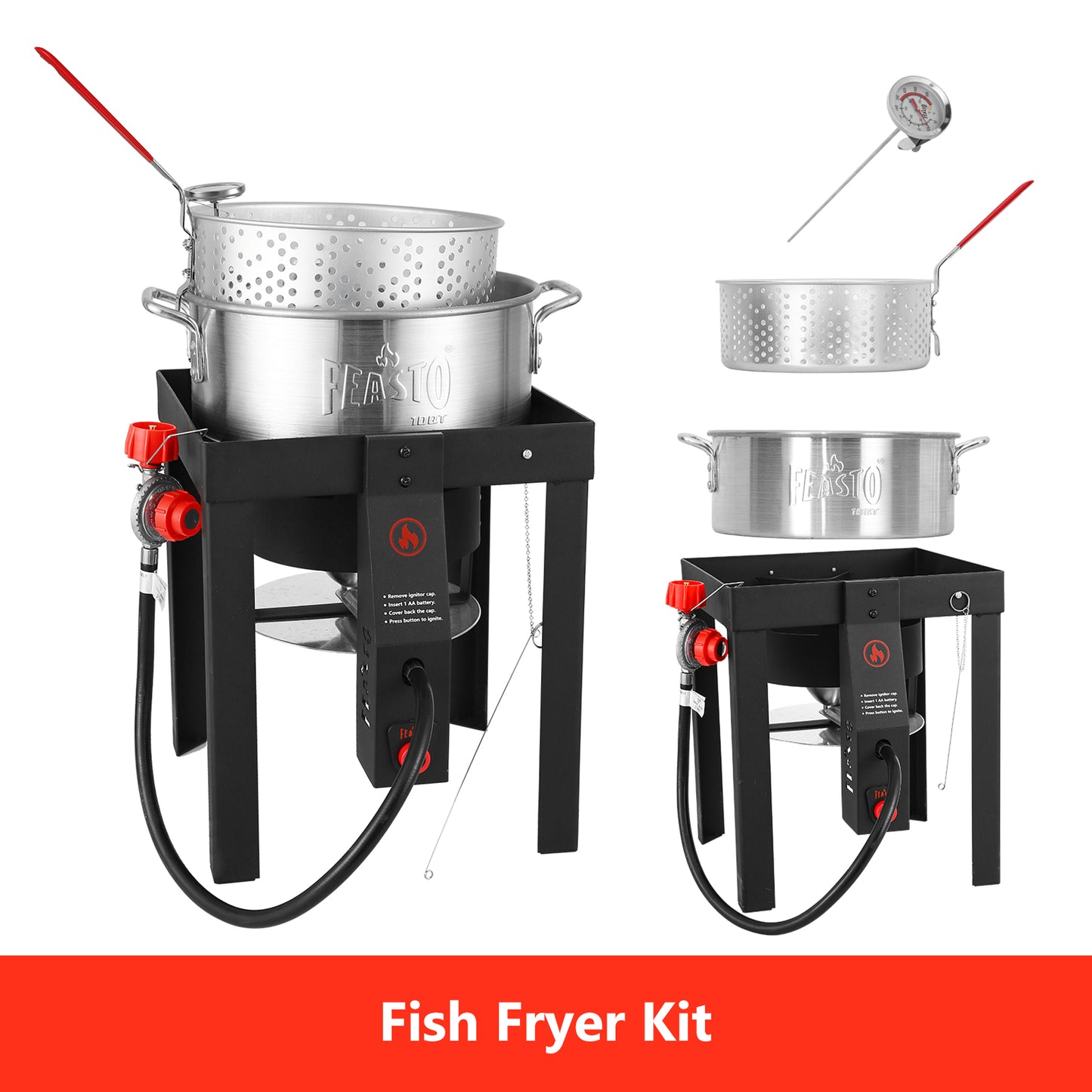 FEASTO 4 in 1 Turkey and Fish Fryer Set with 30 Qt & 10 Qt Aluminum Pots Electronic Ignition Outdoor Propane Gas Cooker with Adjustable 0-10 PSI Regulator Non-Assembly Frame Stand