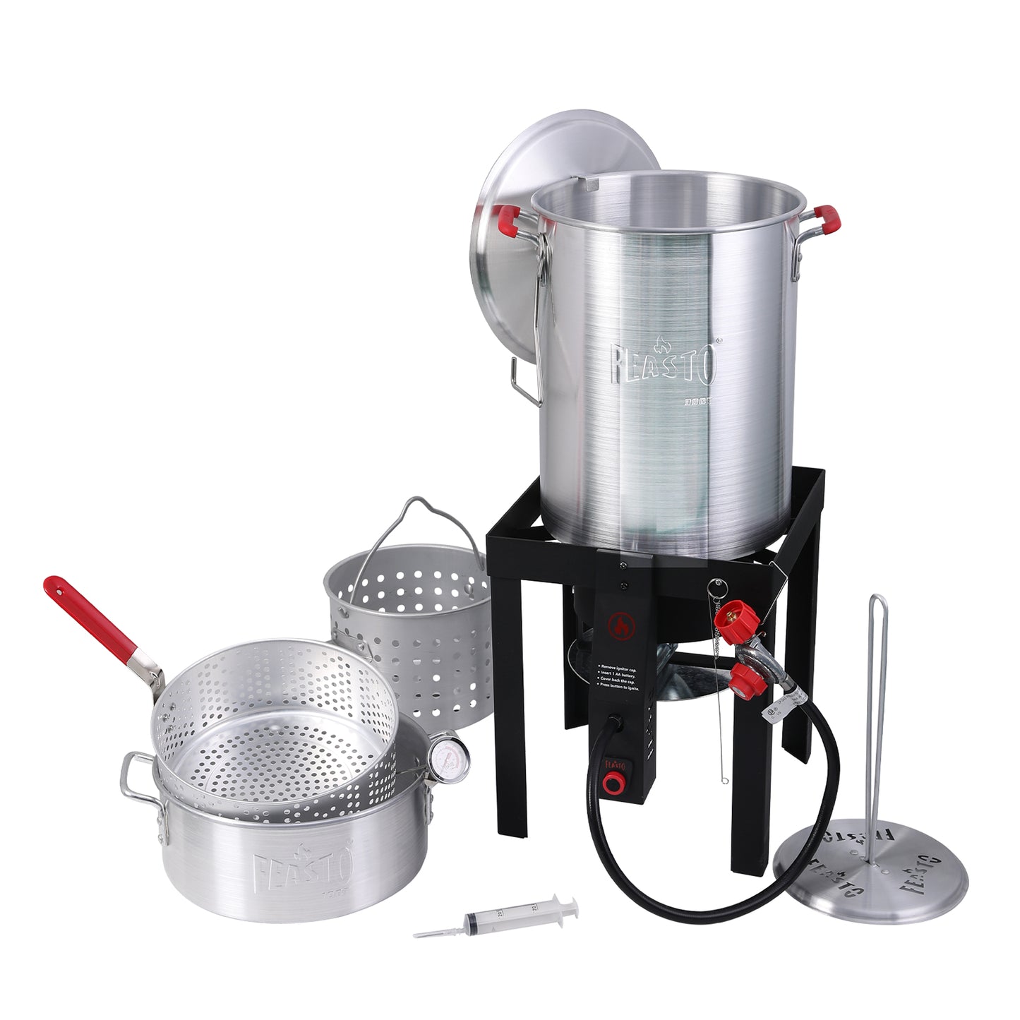 FEASTO 4 in 1 Turkey and Fish Fryer Set with 30 Qt & 10 Qt Aluminum Pots Electronic Ignition Outdoor Propane Gas Cooker with Adjustable 0-10 PSI Regulator Non-Assembly Frame Stand