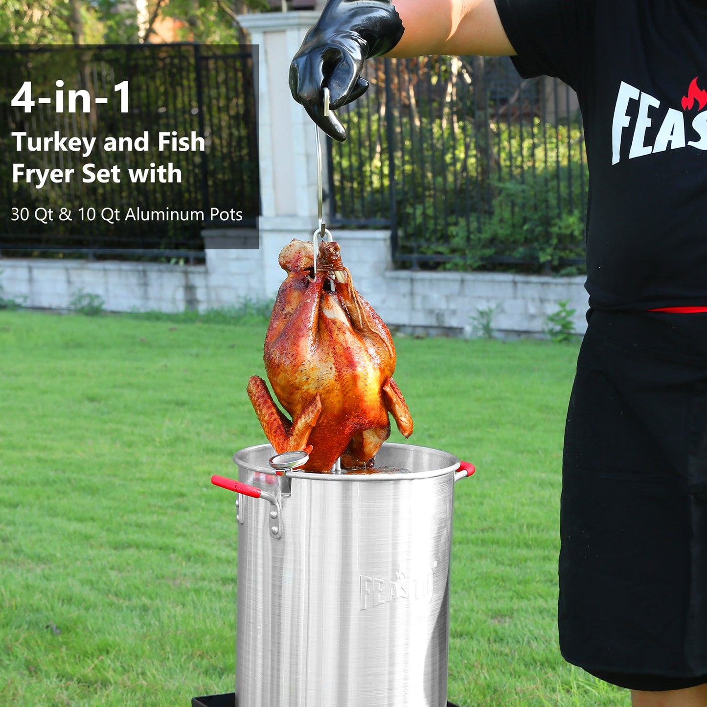 FEASTO 4 in 1 Turkey and Fish Fryer Set with 30 Qt & 10 Qt Aluminum Pots Electronic Ignition Outdoor Propane Gas Cooker with Adjustable 0-10 PSI Regulator Non-Assembly Frame Stand