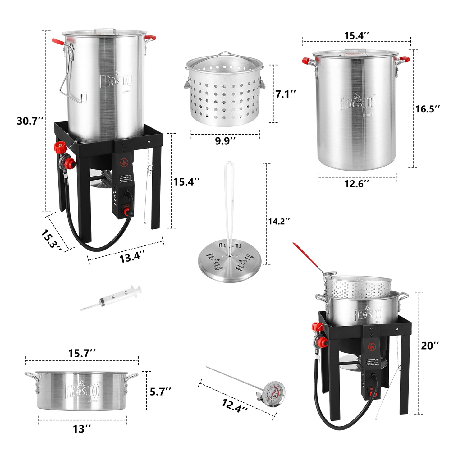 FEASTO 4 in 1 Turkey and Fish Fryer Set with 30 Qt & 10 Qt Aluminum Pots Electronic Ignition Outdoor Propane Gas Cooker with Adjustable 0-10 PSI Regulator Non-Assembly Frame Stand