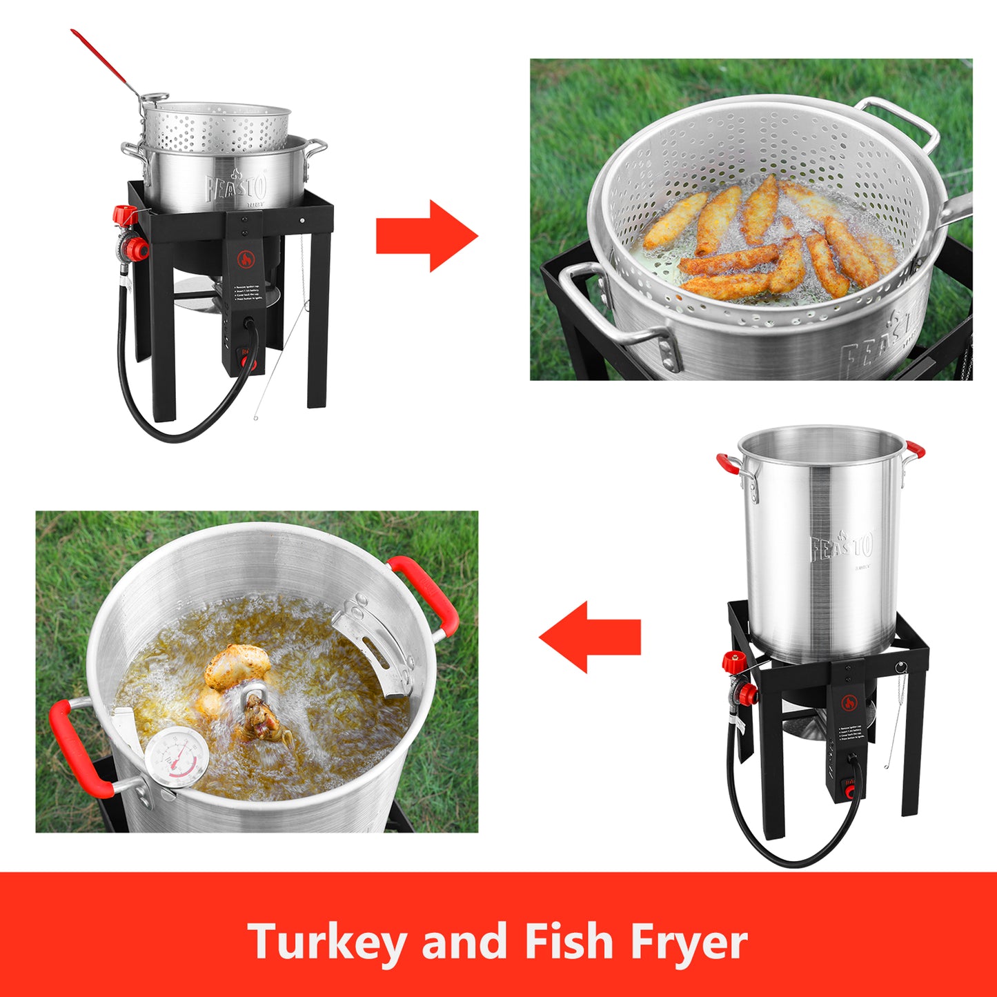 FEASTO 4 in 1 Turkey and Fish Fryer Set with 30 Qt & 10 Qt Aluminum Pots Electronic Ignition Outdoor Propane Gas Cooker with Adjustable 0-10 PSI Regulator Non-Assembly Frame Stand